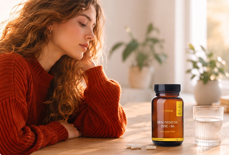A woman at a sunlit table beside a bottle of Trime Magnesium, zinc + B6 and a glass of water