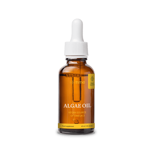 Bottle of algae oil with a dropper 